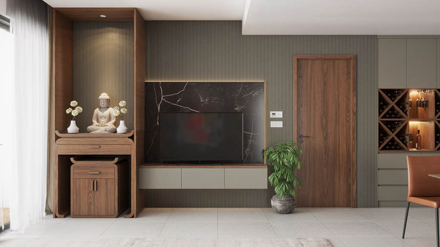 Sử dụng lam gỗ MDF sơn để tạo điếm nhấn cho không gian qua tường phòng khách.